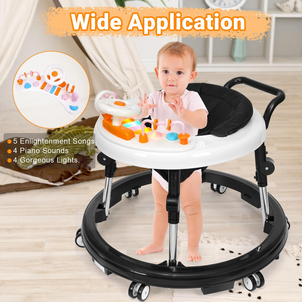 HolyBase Music and Lights Baby Walker Foldable with 9 Adjustable Heights, Baby Walker with Wheels Portable, Infant Toddler Walker for Baby Boy Girls 6-18 Months