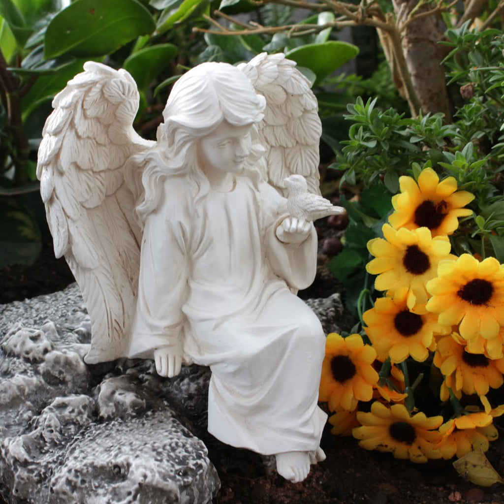 JARPSIRY Angel Garden Statue, Sitting Angel Sculpture, Resin Angel with Bird Figurine for Patio Yard Porch Lawn Outdoor Decor Home Shelf Sitter Memorial Spiritual Gifts