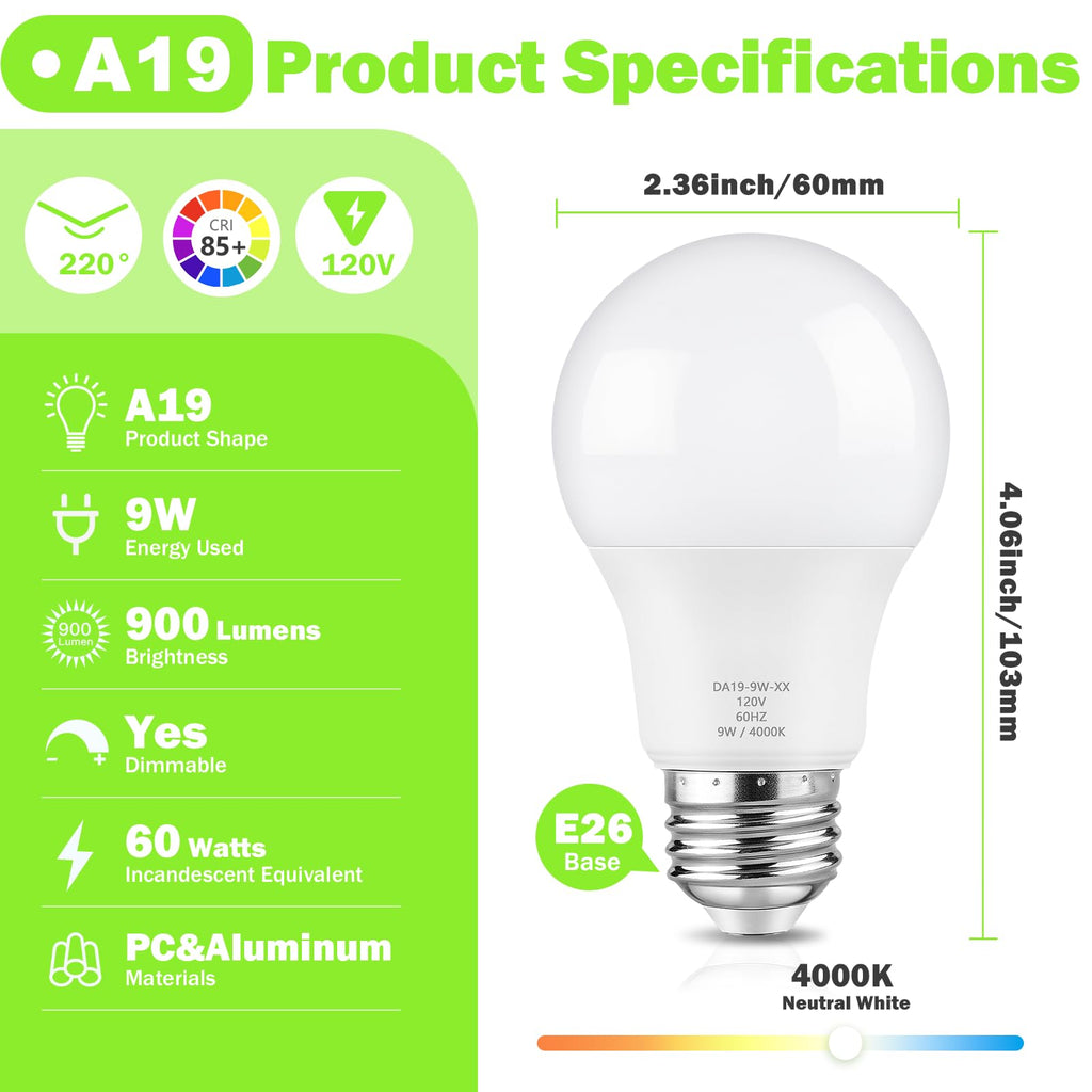 Maylaywood A19 LED Light Bulb, 60 Watt Equivalent, 4000K Neutral White, 900LM, E26 Base, Dimmable, 9W Bright White, 4-Pack