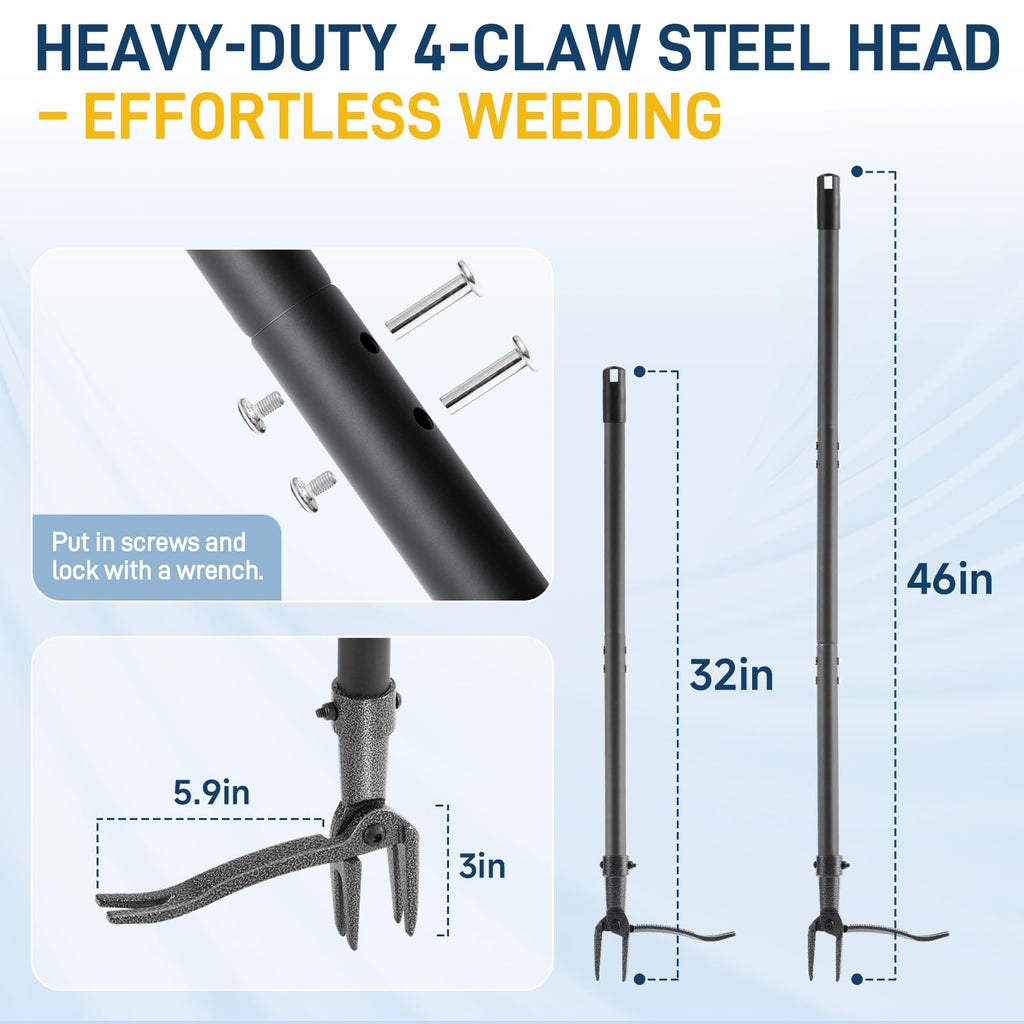Niulight Stand Up Weed Puller Tool, 46" Adjustable Long Handle with 4-Claw Steel Head, Heavy Duty Weeder for Effortless Root Removal, No Bending or Kneeling