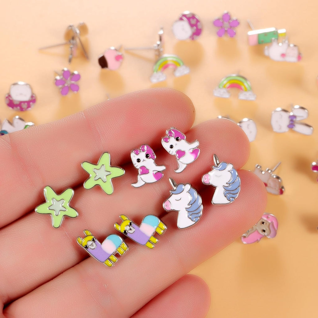 60 Pairs Cute Earrings Set - Hypoallergenic Stainless Steel Studs with Cartoon Characters, Colorful Faux Pearls & Sparkling Cubic Zirconias (#1)