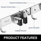 IMILLET Broom and Mop Holder Wall Mounted, Stainless Steel Broom Holder Mop Holder Self Adhesive Heavy Duty Hooks Storage Organizer for Home Laundry Room Garden Garage（3 Racks with 4 Hooks）