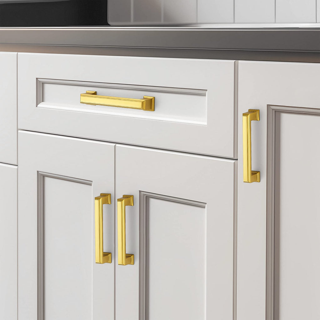 Ravinte Hardware 10 Pack Brushed Brass Cabinet Pulls, 3-3/4 Inch (96mm) Hole Center Zinc Alloy Drawer Handles for Kitchen Cabinets, Cupboards, Dressers, Square Solid Metal Hardware