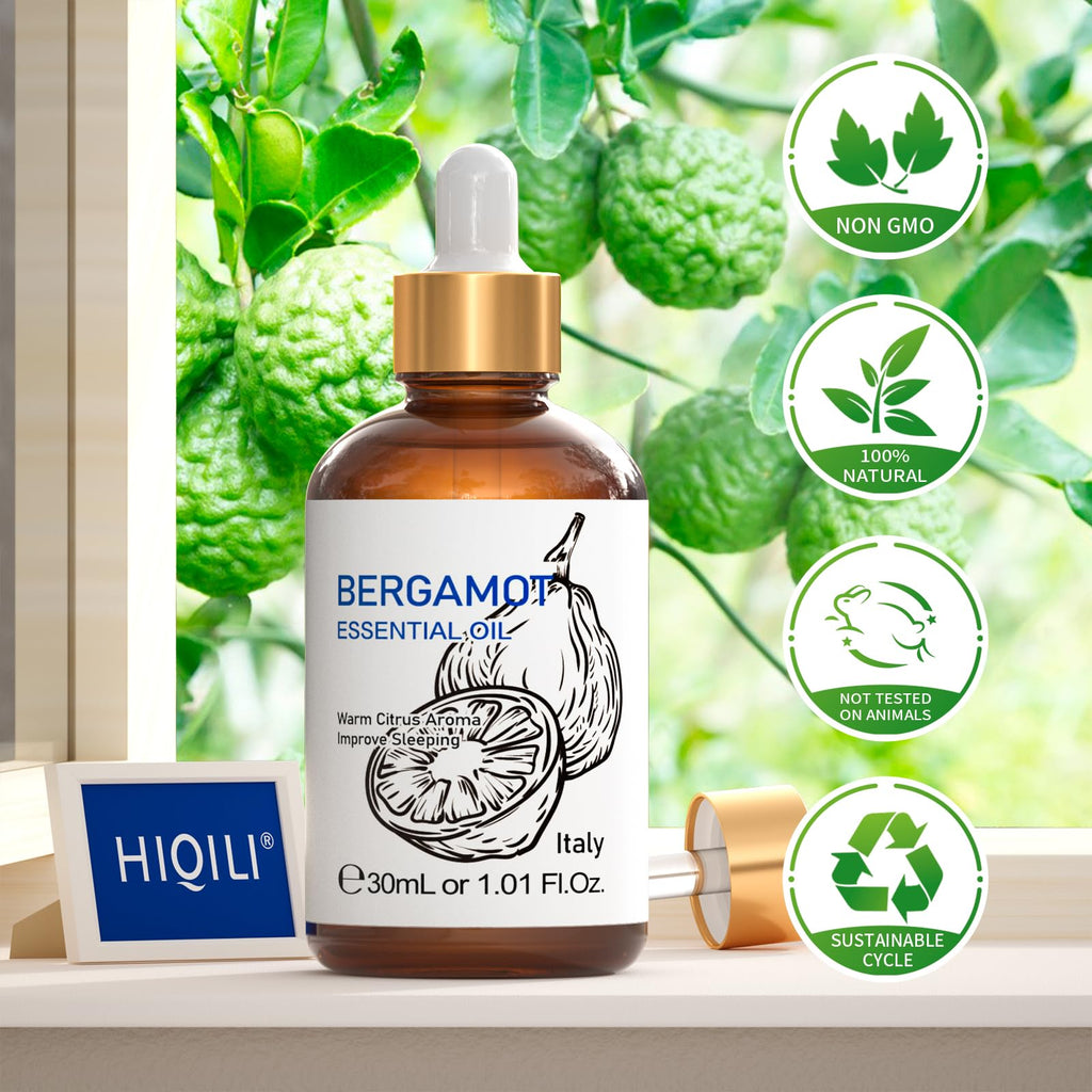 HIQILI Bergamot Essential Oil for Diffuser, Skin, Hair, DIY, 100% Pure & Natural - 1.01 Fl Oz (30 mL)