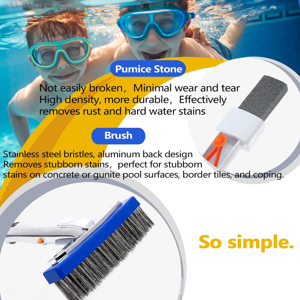 NEOHATION Pool Pumice Stone and 5 inch Stainless Steel Pool Brush Kit with EZ-Clip Handle to Reomve Erase Rust Stain Spot in Concrete Plaster Pool Spa and Calcium Deposit on Pool Tile, BPST01