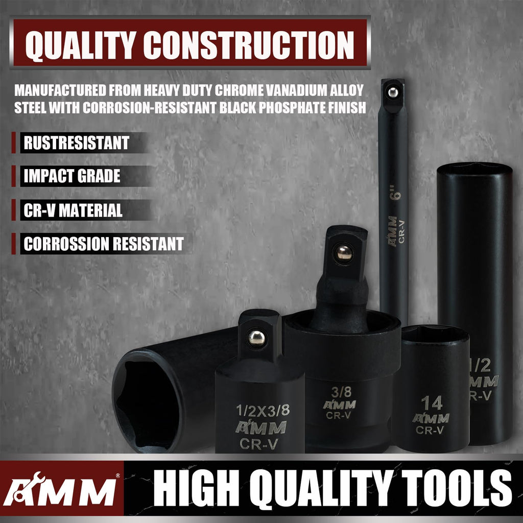 AMM 3/8" Drive Impact Socket Set, 48-Piece Standard SAE (5/16 to 3/4 inch) and Metric (8-22mm) Size, 3" and 6" Drive Extension Bar, Impact Universal Joint, 3/8" to 1/2" Impact Adaptor, CR-V