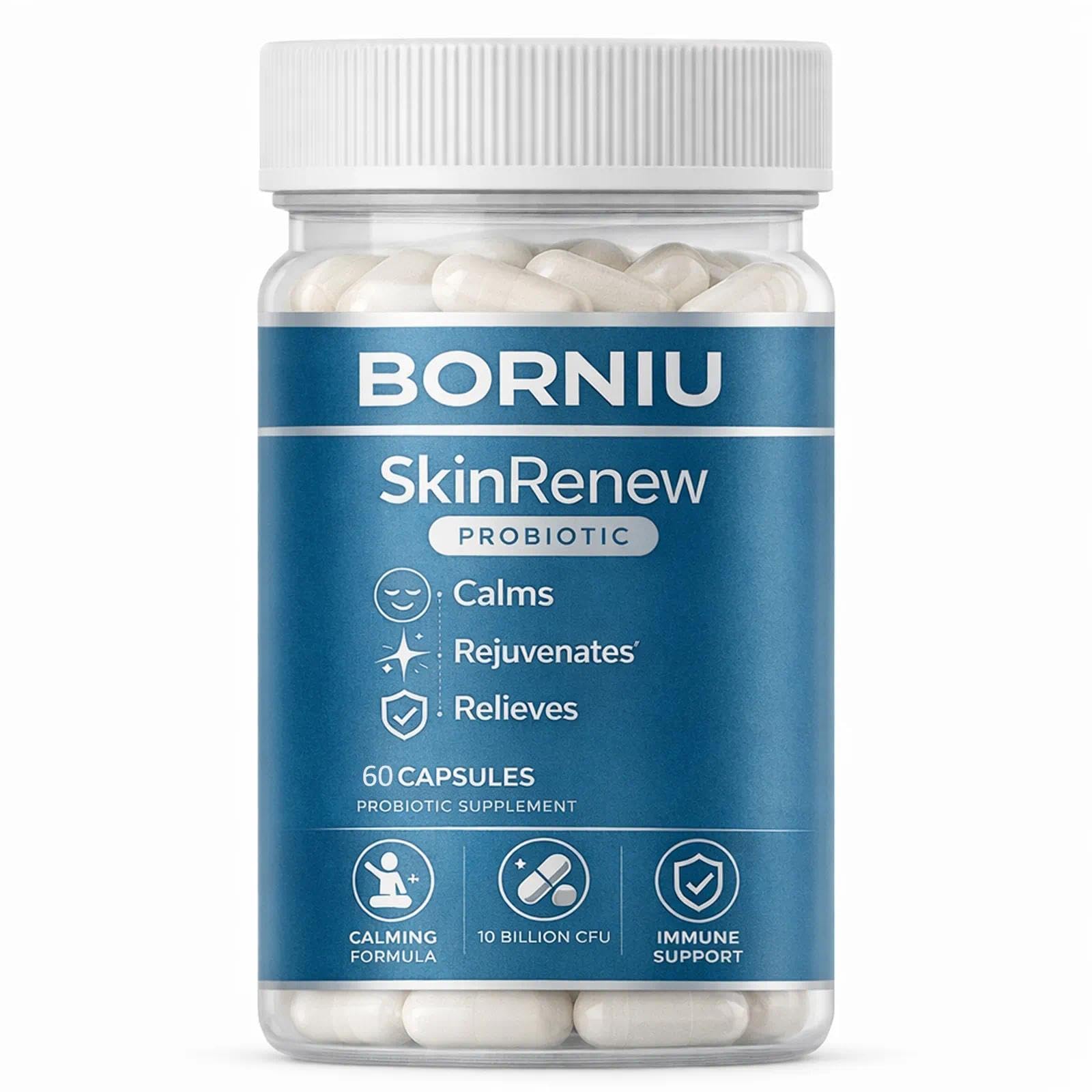 NutraNeo Borniu SkinRenew Probiotic for Gut and Skin Support, 5 Targeted Probiotic Strains Plus Inulin Prebiotic Fiber, Vegan, Non-GMO, 60 Capsules(1pc)
