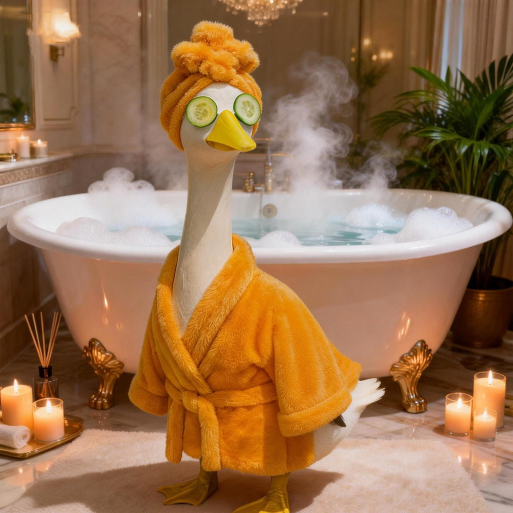 Yooxuned Spa Day Porch Goose Outfits for 23" Statue, Fits 17/23/29" Cement Plastic Geese, 3-Pc Plush Bathrobe, Spa Head Wrap & Cucumber Eye Set, Funny Patio Poolside Garden Decor Gift for Goose Lovers