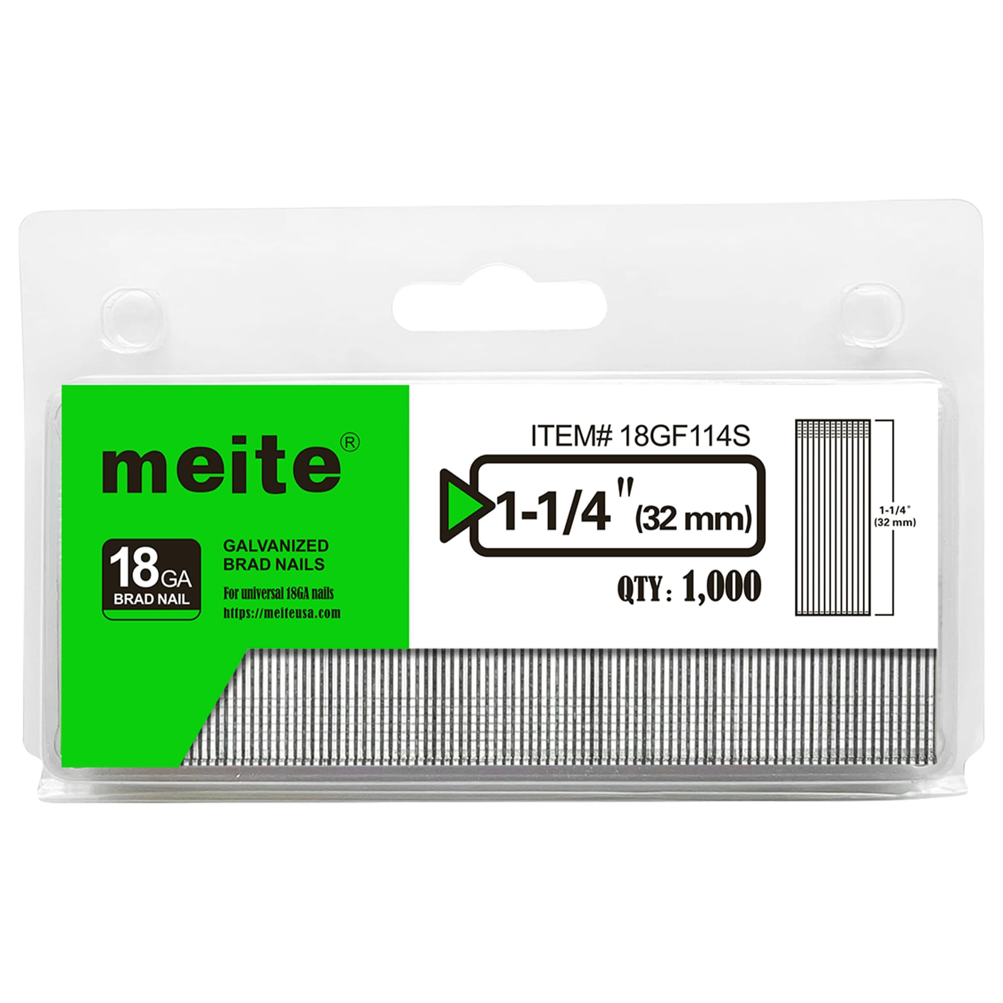 meite 18 Gauge Brad Nails, 1-1/4 Inch 18GA Brad Nails Galvanized Small Finishing Nail Gun Nails for Pneumatic, Electric Brad Nailer Gun (1,000 Counts)