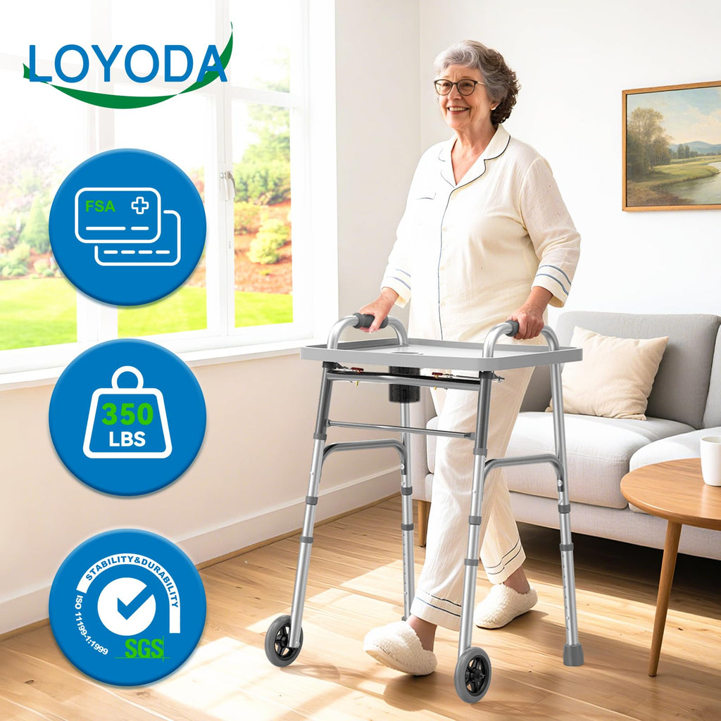 Loyoda Folding Walker with Tray, 5" Wheels Lightweight Walkers for Seniors and Adults, Supports Up to 350 Pounds, Adjustable Height, Compact Standard Walker, Silver