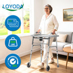 Loyoda Folding Walker with Tray, 5" Wheels Lightweight Walkers for Seniors and Adults, Supports Up to 350 Pounds, Adjustable Height, Compact Standard Walker, Silver