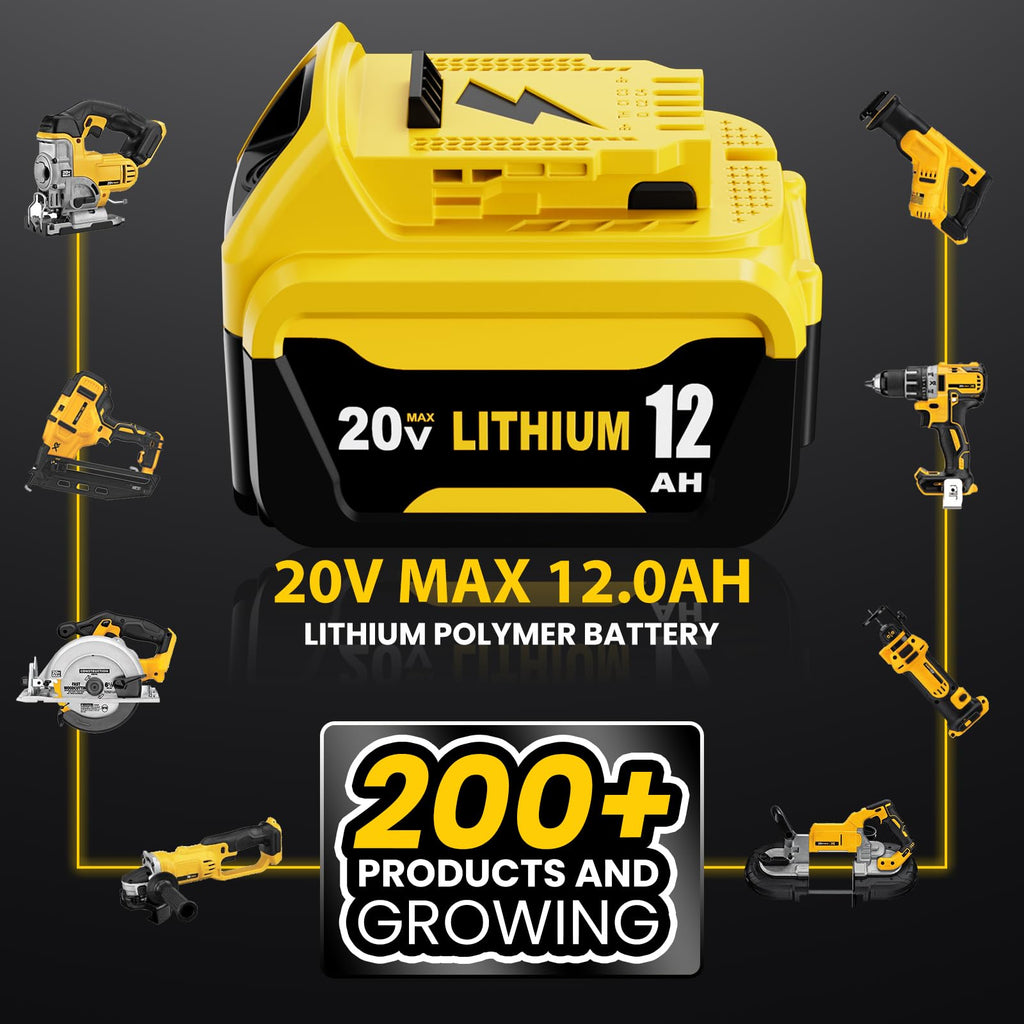 2 Pack 12000mAh Replacement for Dewalt 20V MAX Battery Lithium and DCB102 Charger Combo Compatible with Dewalt 20V Battery Lithium DCB207 DCB206 DCB204 DCB200 DCB201 DCB203 Series Power Tool(Yellow)