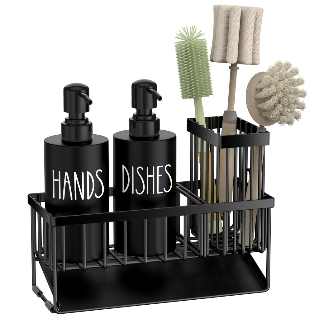 MASADI Kitchen Dish Soap Dispenser Set with Sponge Holder, 12OZ Glass Bottle, Hand and Dish Soap Dispenser Set, Non-Slip Silicone Pad, Brush Holder, Kitchen Sink Organizer Countertop (Black)