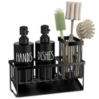 MASADI Kitchen Dish Soap Dispenser Set with Sponge Holder, 12OZ Glass Bottle, Hand and Dish Soap Dispenser Set, Non-Slip Silicone Pad, Brush Holder, Kitchen Sink Organizer Countertop (Black)