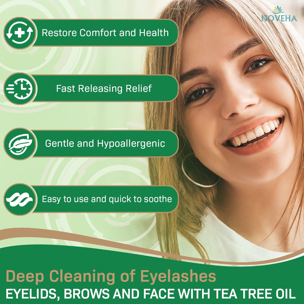 NOVEHA 180PCs Tea Tree & Coconut Oil Eyelid & Lash Wipes | For Demodex, Blepharitis & Itchy Eyes - Effective Eyelash Wipes With Aloe Vera, Natural Makeup Remover & Daily Eye Cleanser - (Pack of 3)