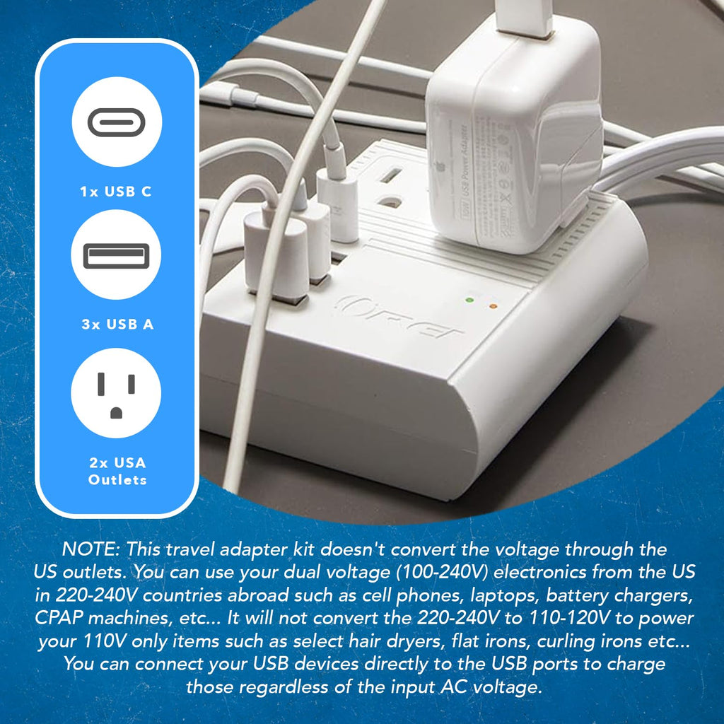 OREI World Travel Plug Adapter M8 Max, 3 USB + Pd 18W USB-C Input - 2 USA Outlets - Attachments for Europe, Asia, China, Japan, Africa - Perfect for Cell Phones, Tablets, Cameras and More