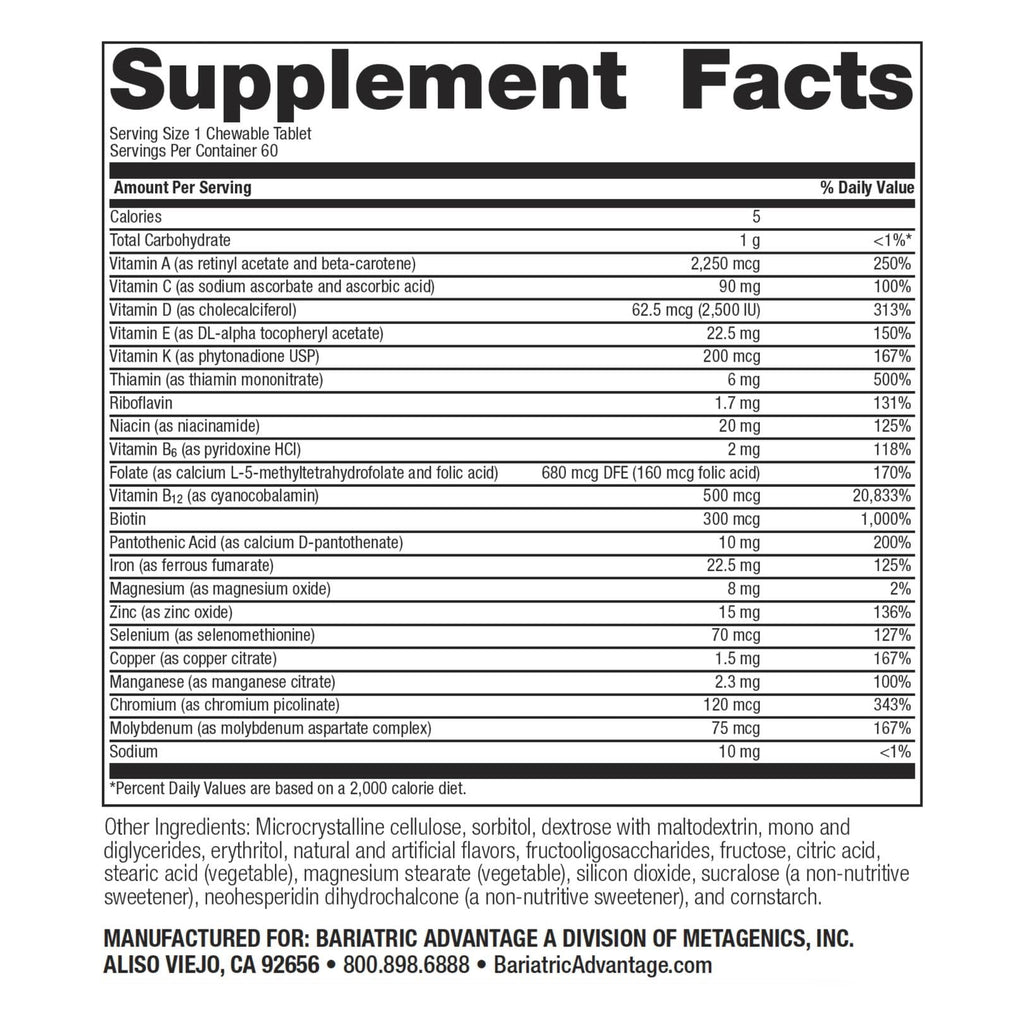 Bariatric Advantage Chewable High ADEK with Iron - for Bariatric Patients - High Potency Vitamin A, D, E & K - Includes B-Vitamins - Chewable Multivitamins - Tropical Fruit - 60 Count
