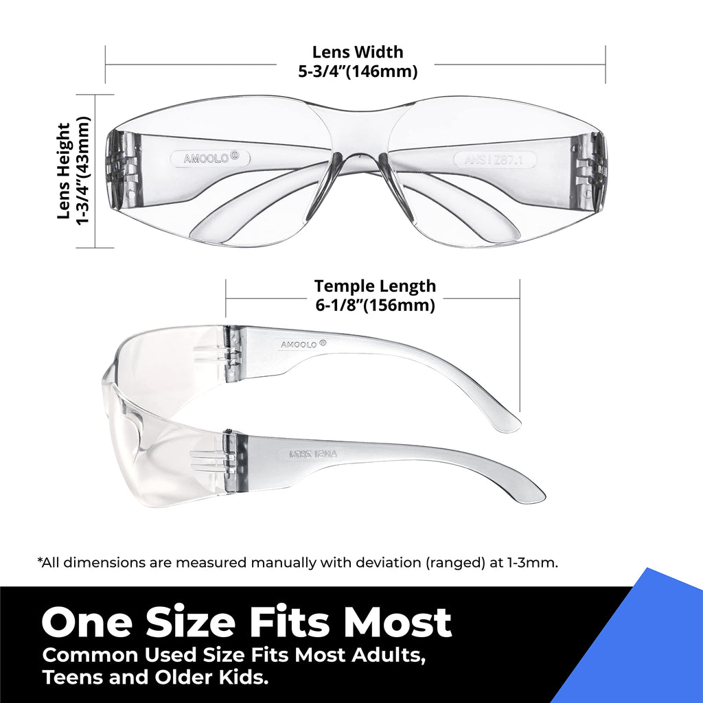 amoolo Safety Glasses for Men Women, Clear Eye Protection for Worl, Lab, Construction (Clear/Adult's Size, 144 Pack)