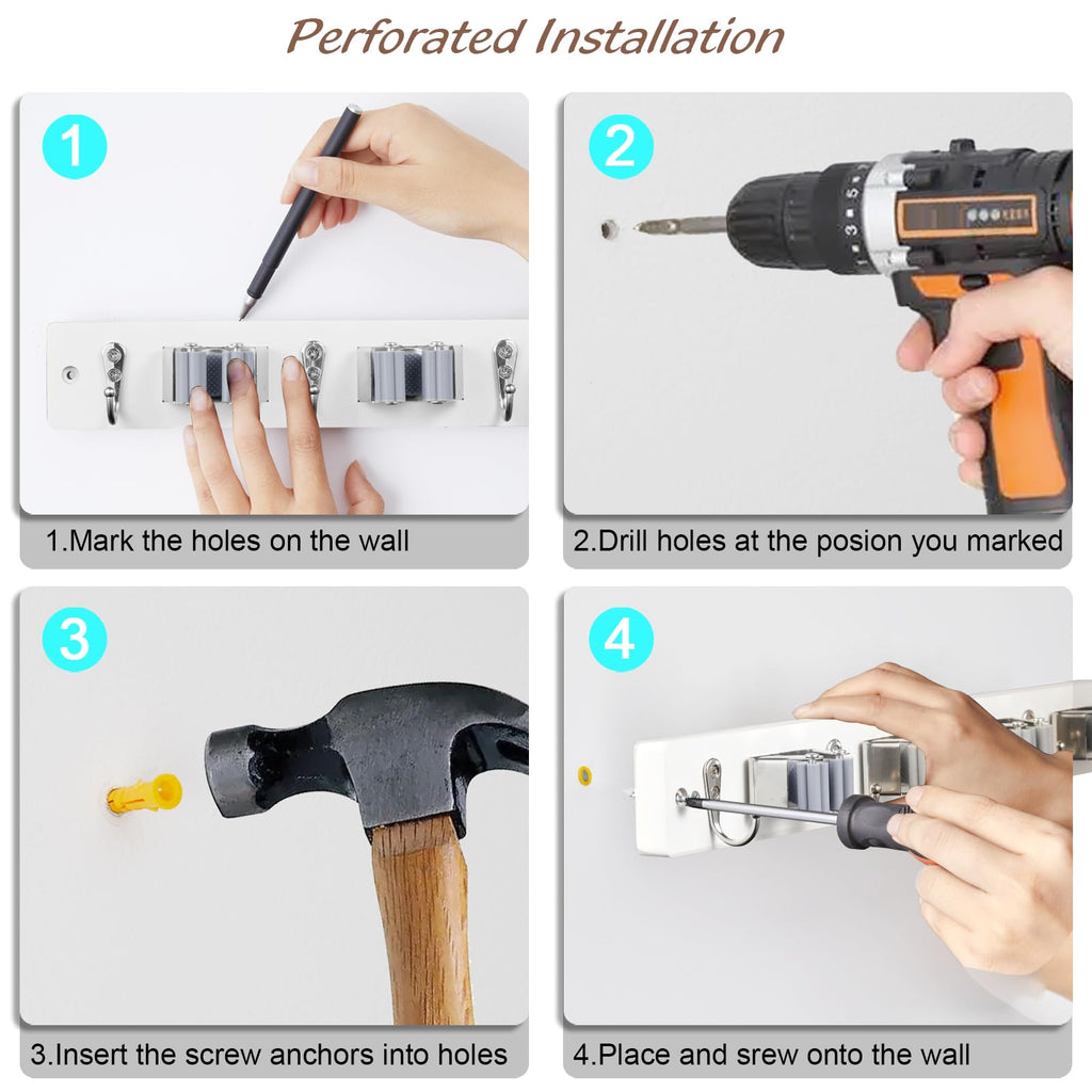 OUTNILI White Mop Broom Holder Wall Mount with 4 Slots & 4 Hooks - Wood Broom Mop Hanger for Pantry Closet Laundry Room Organization - Heavy Duty Garden Tool Organizer - White Kitchen Decor