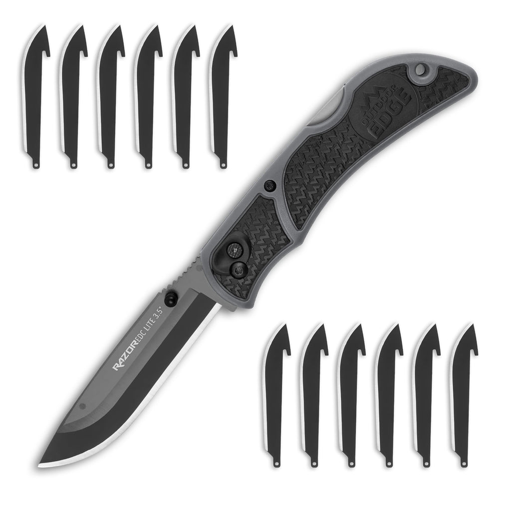 OUTDOOR EDGE 3.5" RazorLite EDC Pocket Knife (Obsidian Black), with Replaceable Blades and Clip, Perfect Carry Knive for Camping, Hunting and Survival, Includes 12 Black Steel Drop Point Blades