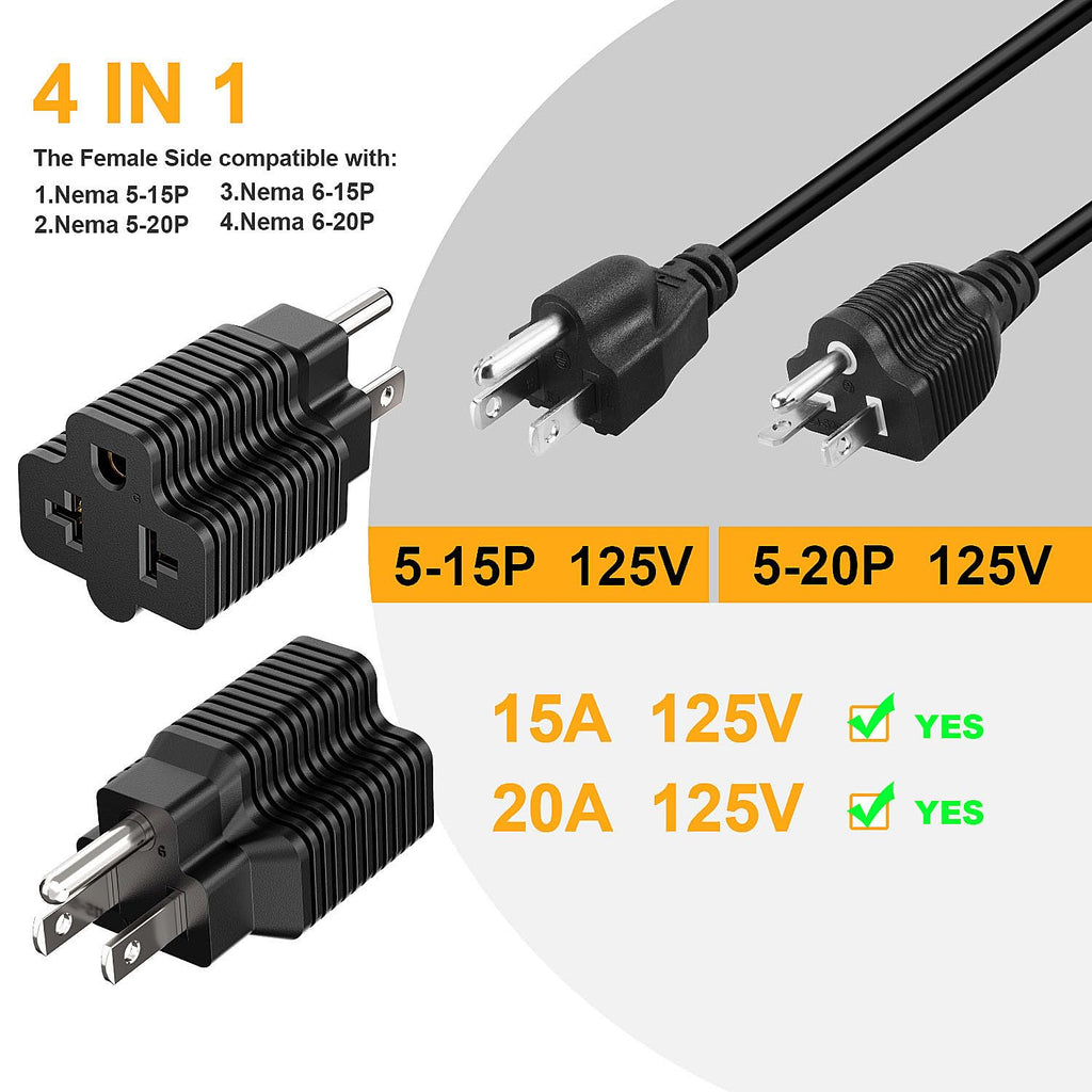 [3Pack] 4-in-1 15 Amp Household AC Plug to 20 Amp T Blade Adapter,5-15P to 5-20R,5-15P to 6-15R,5-15P to 6-20R, 4 in 1 AC Power Adapter,15A 125V to 20A 250V Adapter