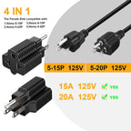[3Pack] 4-in-1 15 Amp Household AC Plug to 20 Amp T Blade Adapter,5-15P to 5-20R,5-15P to 6-15R,5-15P to 6-20R, 4 in 1 AC Power Adapter,15A 125V to 20A 250V Adapter