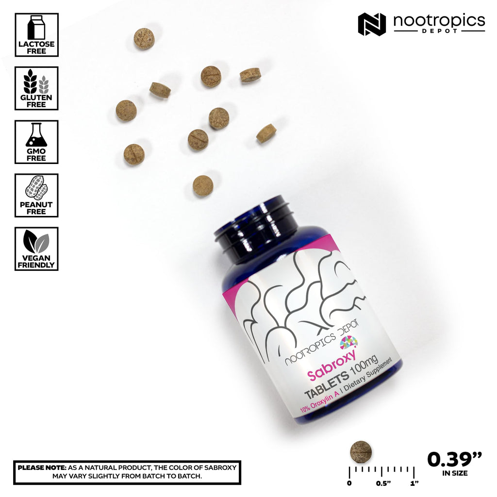 Nootropics Depot Sabroxy® Tablets | 100mg | 90 Count | Minimum 10% Oroxylin-A | Oroxylum indicum | May Help Promote Focus & Motivation | May Help Promote Cognitive Function
