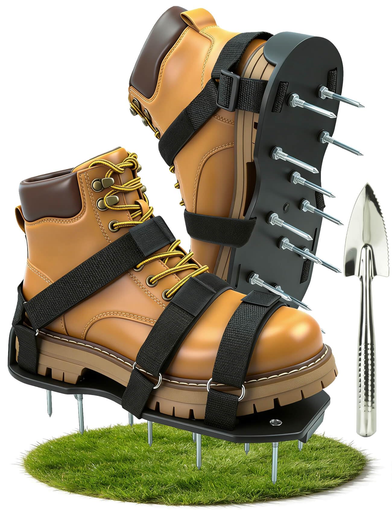 Lawn Aerator Shoes for Grass, Pre-Assembled Heavy Duty Aerator Lawn Tool with Hook and Loop Straps, One Size Fits All Spiked Shoes for Effectively Aerating Yard Garden Lawn Patio Soil, No Installation