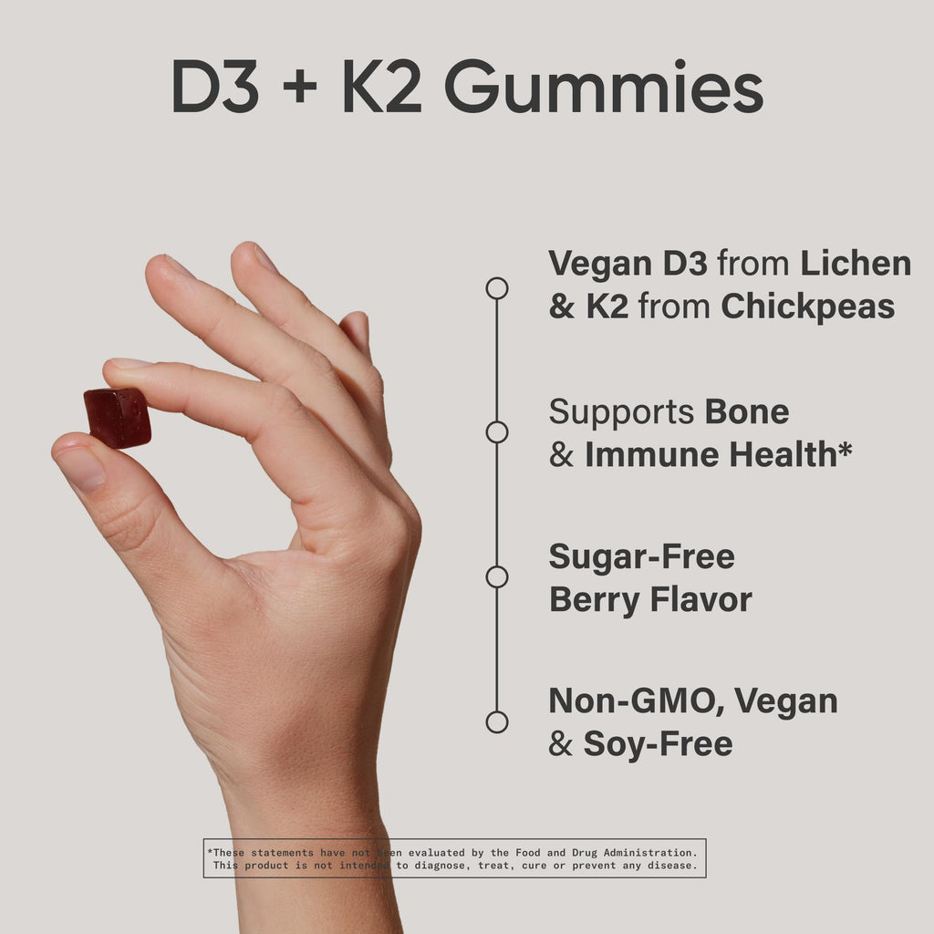 Sports Research® Vegan Vitamin D3 + K2 Gummy Supplements - 5000iu Vitamin D with 100mcg Mk7 Vitamin K - Supports Bone& Immune Health* - 60 Gummies for Adults, for Women, 1 Month Supply
