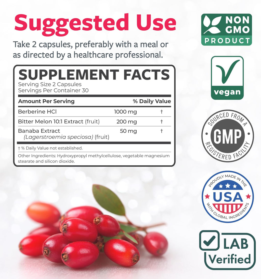 Berberine Supplement (Non-GMO & Vegetarian) Berberine HCL Plus Bitter Melon & Banaba Leaf Extract Capsules - Berberine 500mg Each, 1000mg Per Serve - AMPK Metabolic Activator - 60 Caps (No Pills)