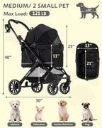 Dog Stroller with Waterproof Rain Cover, Heavy-Duty All-Terrain 4-Wheel Pet Stroller with Adjustable Sunshade Canopy, Foldable Travel Dog Strollers for Small/Medium Dogs Up to 121 lbs