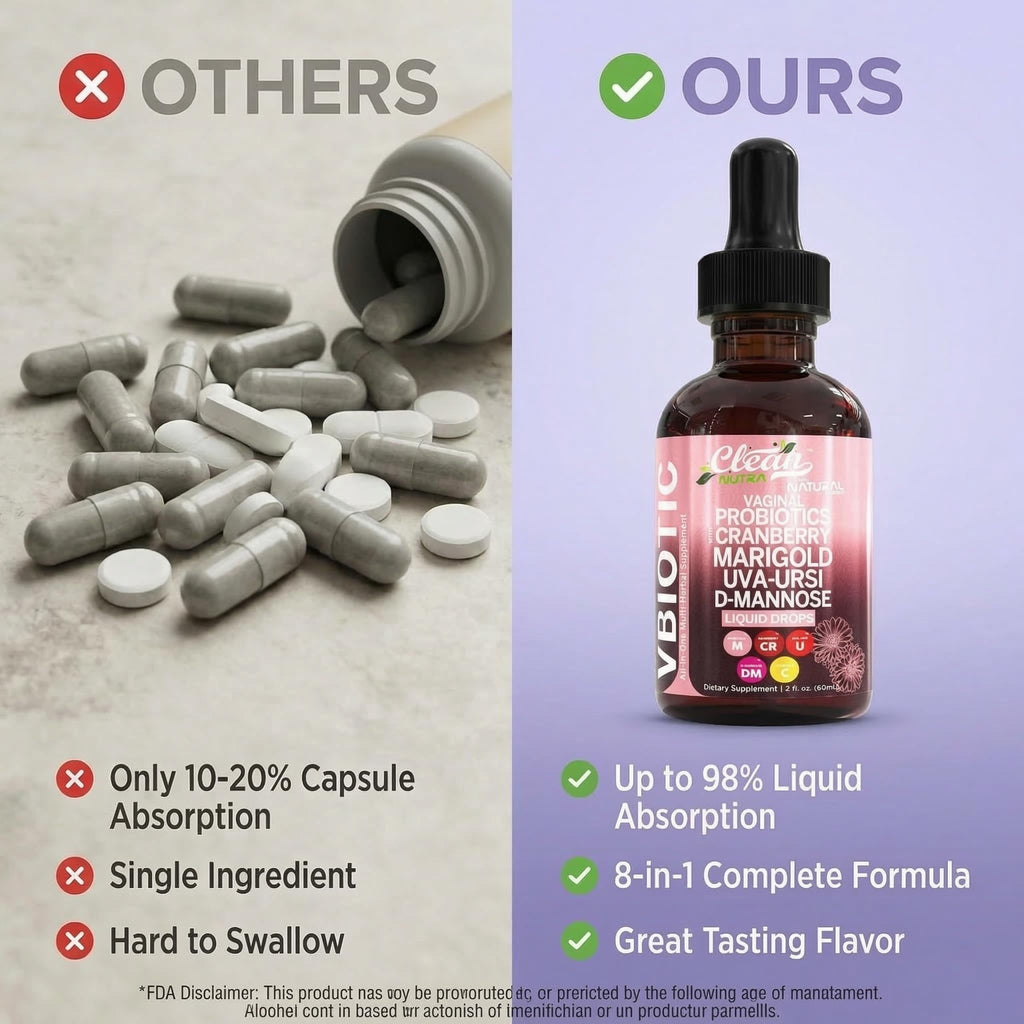 Clean Nutraceuticals VBiotic Vaginal Probiotic for Women Liquid Drops | Cranberry Uva Ursi Horsetail D-Mannose Prebiotics Marigold & Black Cohosh Vaginal Health Supplement | pH Balance