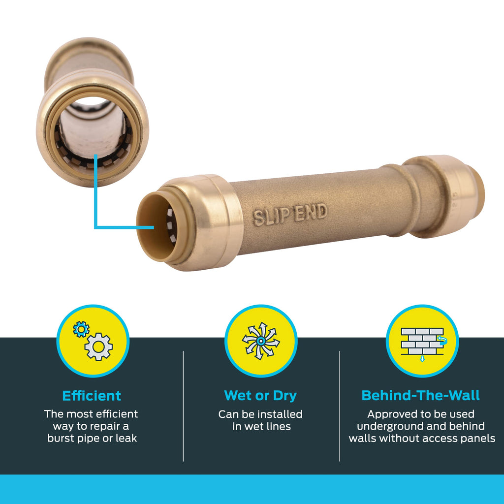 SharkBite 1/2 Inch Slip Coupling, Push to Connect Brass Plumbing Fitting, PEX Pipe, Copper, CPVC, PE-RT, HDPE, U3008LFA