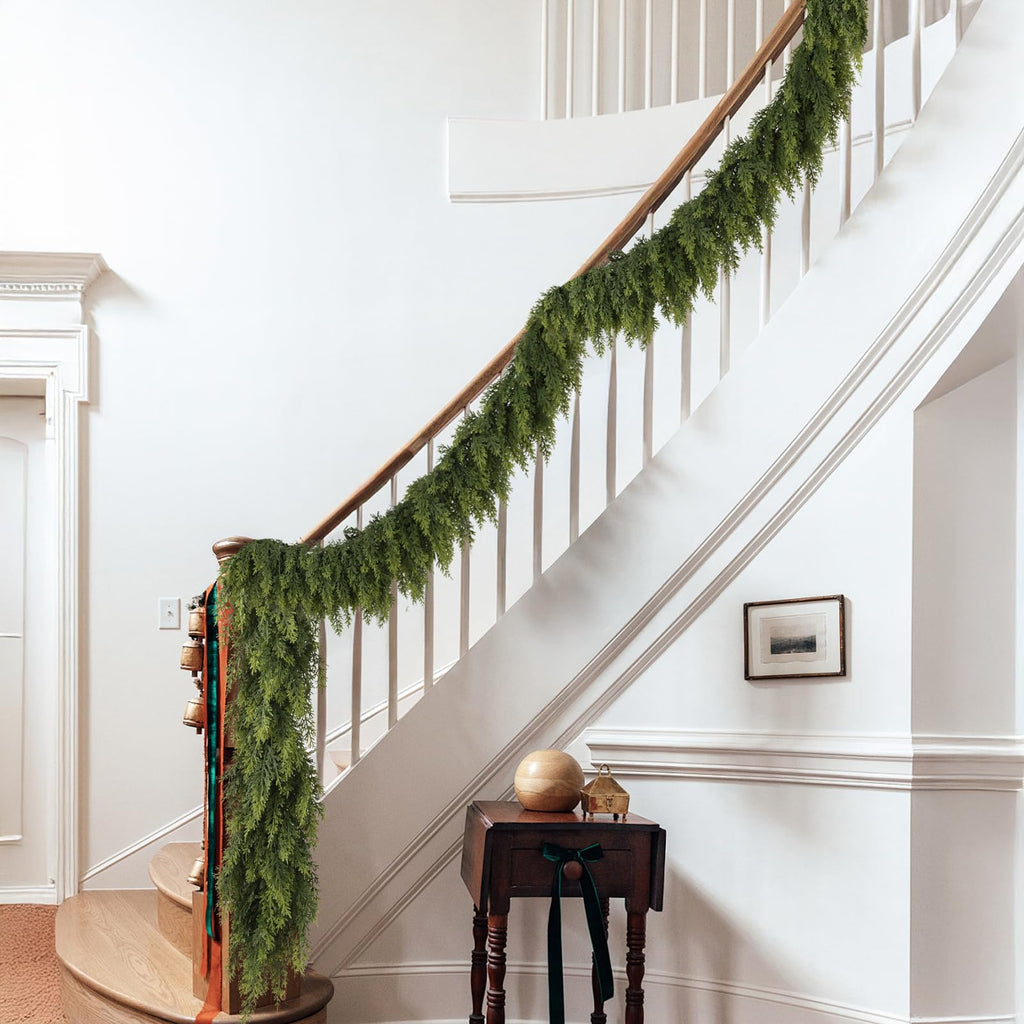 N&T NIETING 9ft Christmas Cedar Garland with Realistic Soft Thickness Pine, Artificial Green Faux Cedar Pine Garland for Fireplace Mantle Fireplace Indoor Outdoor Holiday Party Home Decoration