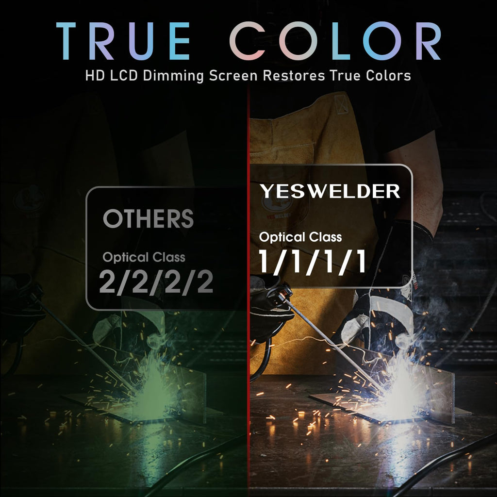 YESWELDER Large View Auto Darkening Welding Helmet, Blue Light Blocking, 1/1/1/1 True Color Solar Powered Welder Hood Mask with 4 Arc Sensors, Wide Shade 3/5-9/9-13 for TIG MIG ARC CUT and GRIND