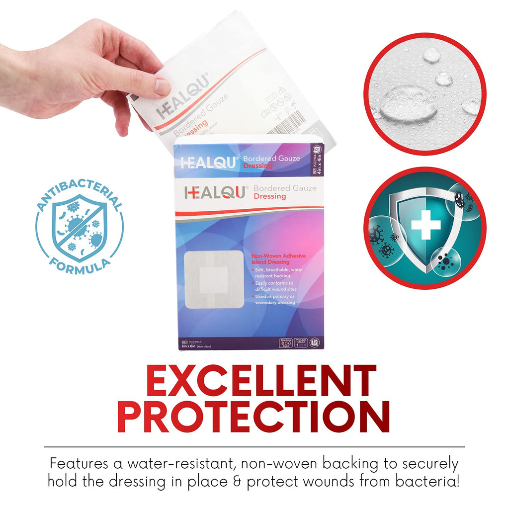 HEALQU Island Dressing - 6"x6", 30 Count - Bordered Gauze Sterile Individually Wrapped Gauze Pads, Water-Resistant, Non-Woven Backing - Soft and Breathable Wound Dressing for First Aid and Medical