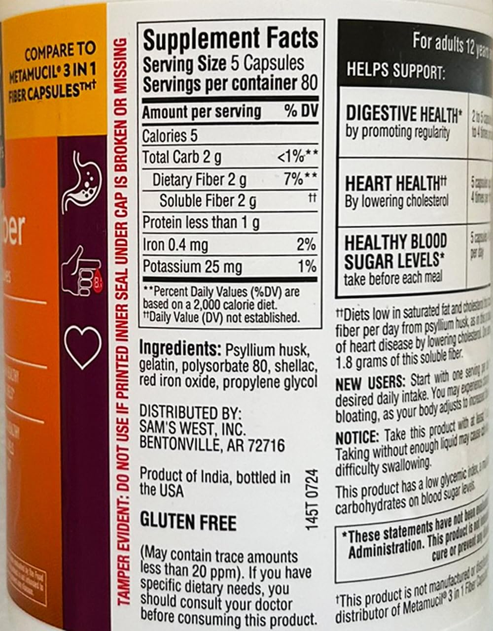 Member's Mark Fiber Capsules 2Pack (400 Count) Psyllium Husk is The #1 Doctor-Recommended Fiber Supplement.