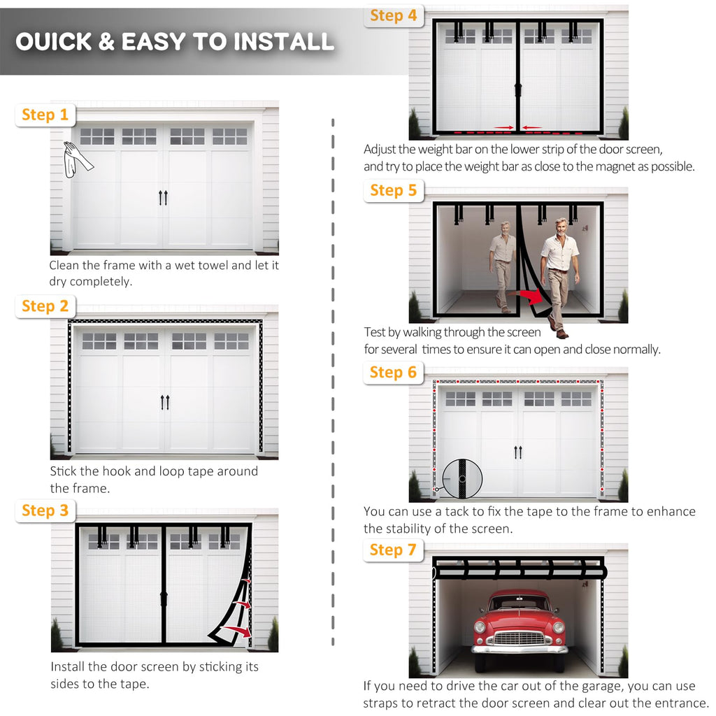 Magnetic Garage Door Screen for 1 Car 9x7 ft Single Garage Door Mesh Screen Curtain Cover Kit with Hook and Loop, Black