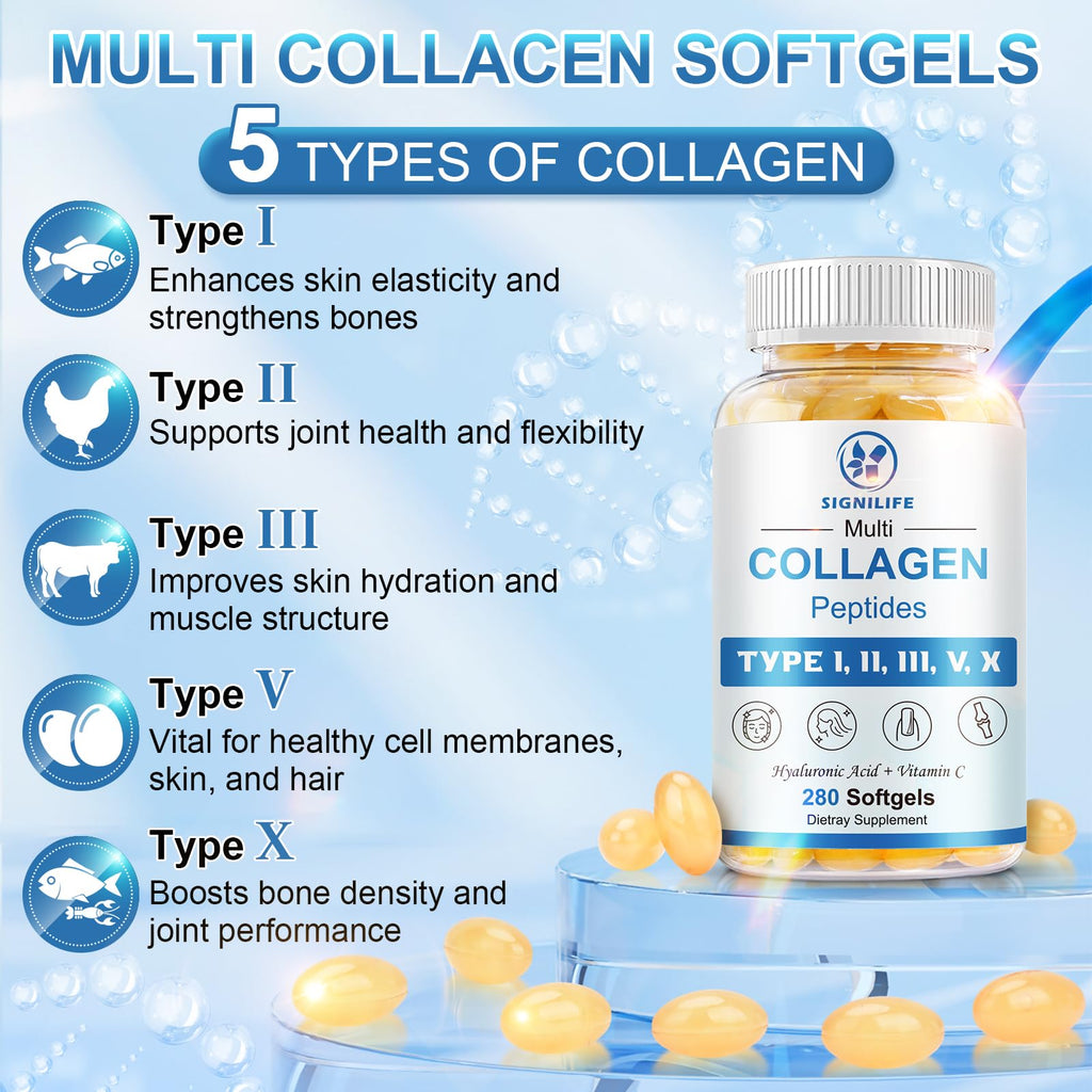 SIGNILIFE Multi Collagen Peptides for Women & Men, Hydrolyzed Collagen Peptides-Type I, II, III, V, X - with Hyaluronic Acid,Vitamin C,Biotin,Supports Skin Hair Nail, Non-GMO, 280 Softgels