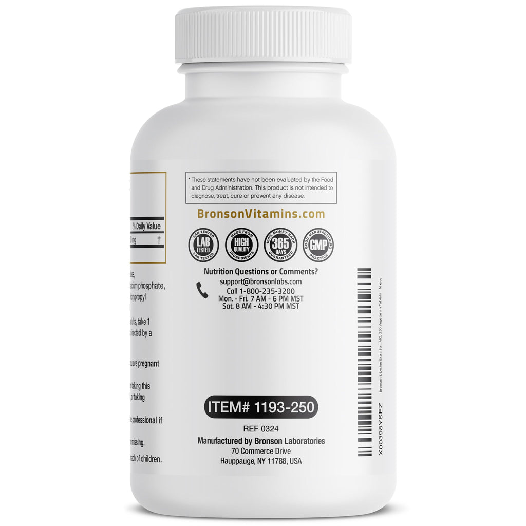 Bronson L-Lysine Extra Strength 1000 MG per Tablet High Potency, Immune Support & Supports Collagen Synthesis, Non-GMO, 250 Vegetarian Tablets
