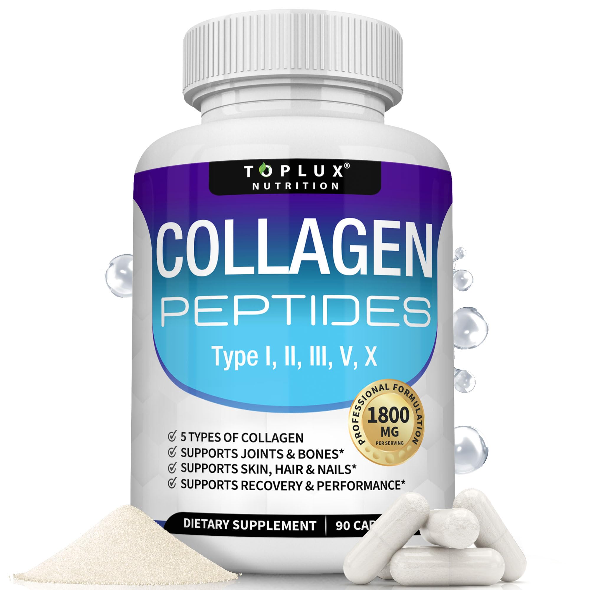 Toplux Multi Collagen Peptides Pills 1800 Mg Complex - Type I, II, III, V, X Premium Collagen Complex for Better Skin & Hair, Strong Joint, Hydrolyzed Protein, for Men Women, 90 Capsules, Supplement