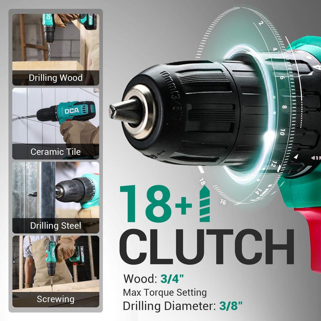 DCA Cordless Drill Set, 354 in-lbs Torque, 3/8" Keyless Chuck, Electric Power Drill with 2.0Ah Battery and Charger,18+1 Position,25-Piece 20V Drill Driver Kit, ADJZ2035