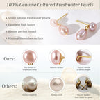 Mini Pearl Drop Earrings for Women - Petite Pink Double Pearl Studs (5mm Top + 10mm Drop), Real Freshwater Cultured, S925 Silver Hypoallergenic Post, 18K Gold Plated Dainty Jewelry