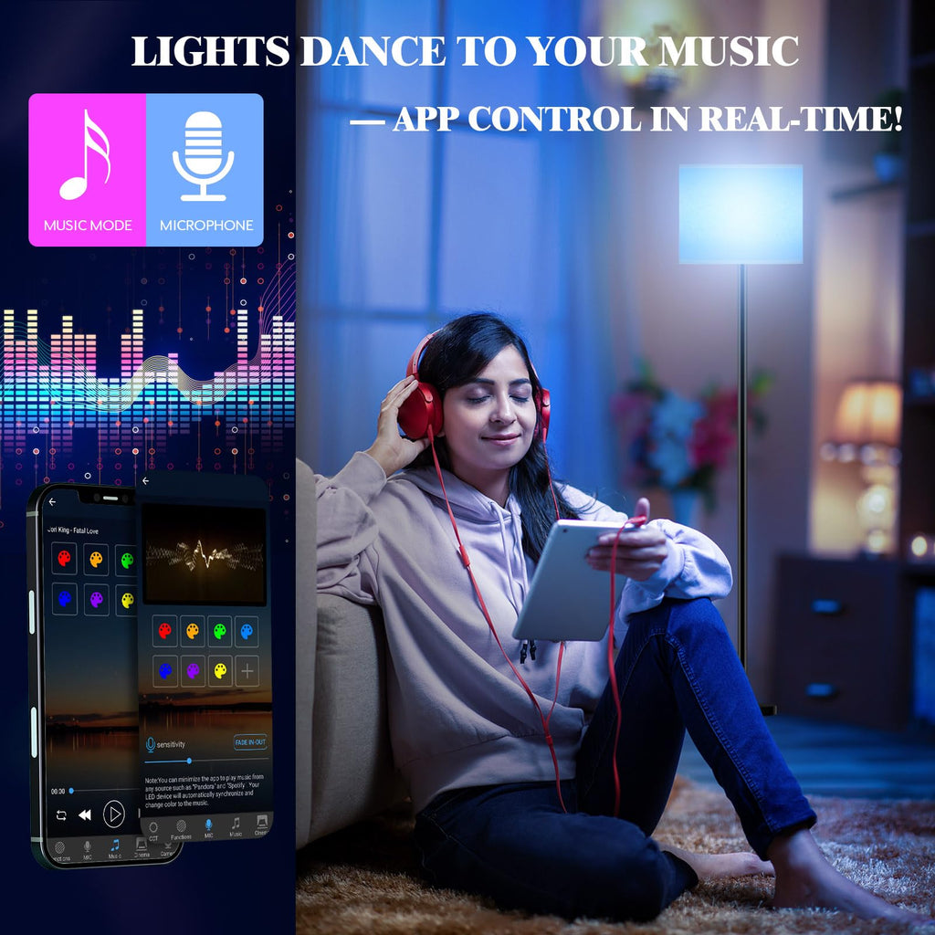 Qaubauyt Smart LED Floor Lamp with APP Control & RGB Colors - Dimmable Standing Lamp for Living Room, Bedroom, Gaming - Remote, Timer, 9W Bulb Included, 60.6" Modern Tall Lamp (White)