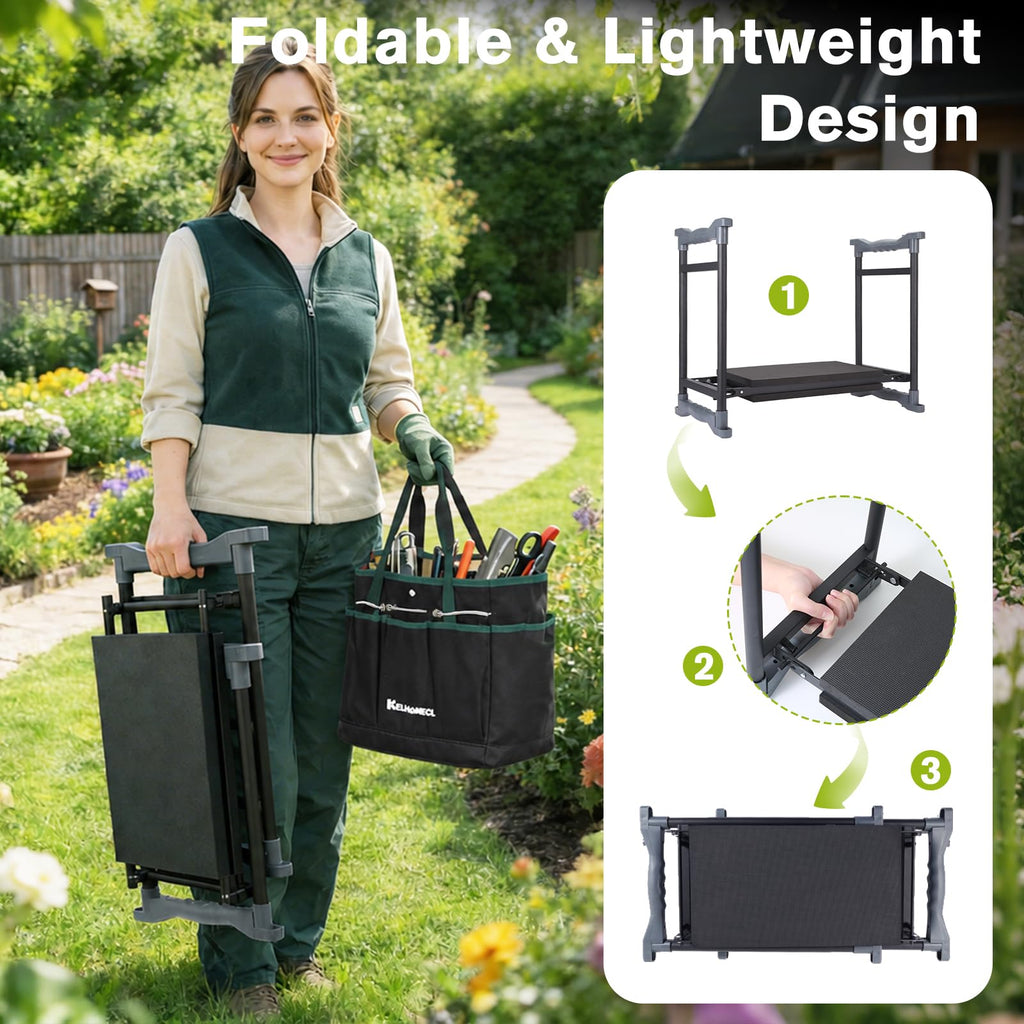 KELHOMECL Garden Kneeler and Seat with Umbrella, 2-in-1 Foldable Gardening Stool with Adjustable Bracket, Detachable Tool Bags, Heavy Duty Kneeler for Gardening (Beige Green)