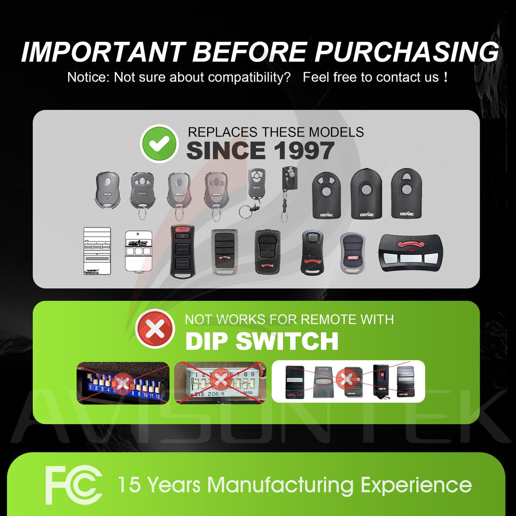 2 Replacement for Genie & Overhead Door Garage Door Opener Remote GITR-3 OCDTR-3, 3-Year Warranty
