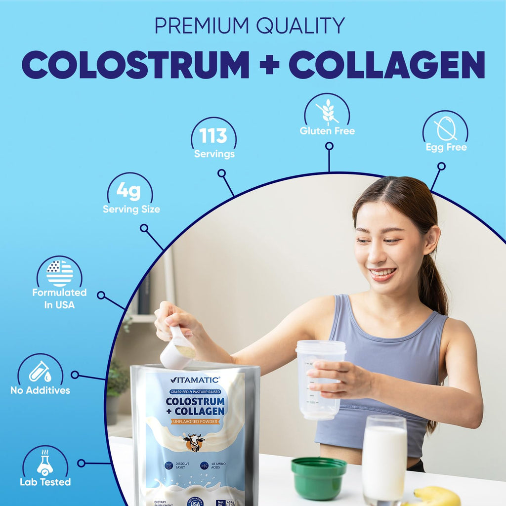 Vitamatic Bovine Colostrum + Collagen Powder - Supplement for Gut Health, Hair Growth, Beauty, Muscle Recovery, & Immune Support - Easy to Mix - Unflavored - 454 Gram, (16 oz)