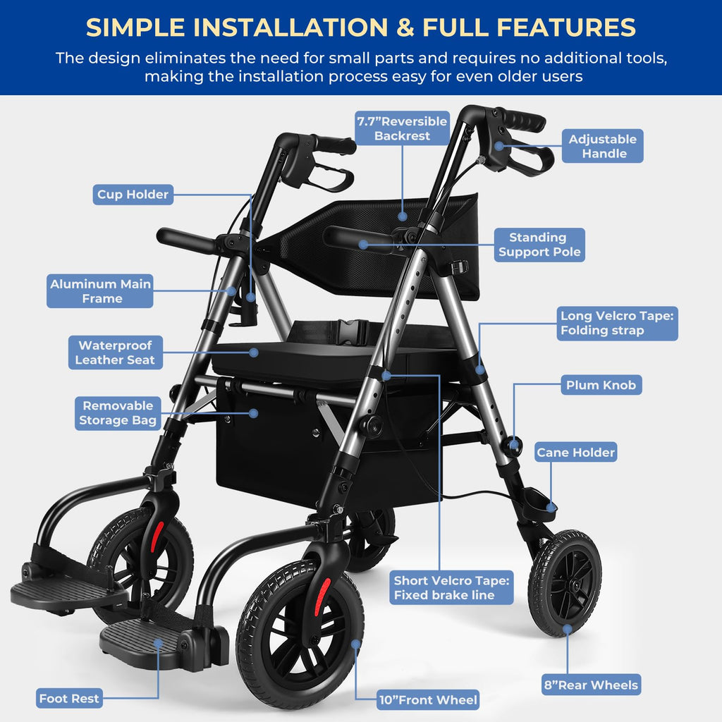 Foldable Rollator Walker for Seniors with Seat, Lightweight 2 in 1 Rolling Walkers Wheelchair Combo for Adult, Transport Chair with Brakes, Adjustable Seat and Handle, 300 Lb, Steel Grey