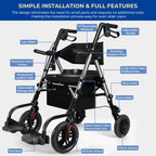 Foldable Rollator Walker for Seniors with Seat, Lightweight 2 in 1 Rolling Walkers Wheelchair Combo for Adult, Transport Chair with Brakes, Adjustable Seat and Handle, 300 Lb, Steel Grey