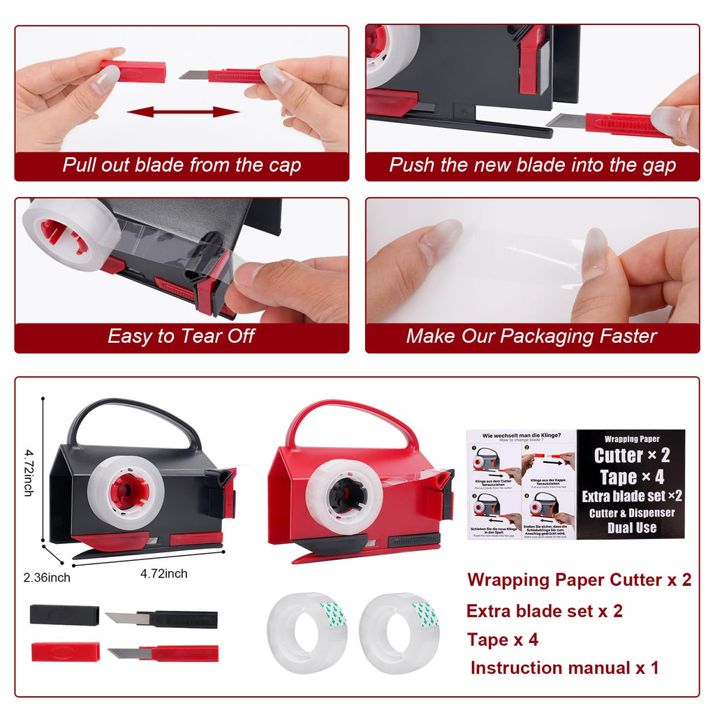 2-in-1 Wrapping Paper Cutter & Tape Dispenser, with 4 Tapes & 2 Blades ﻿ ﻿